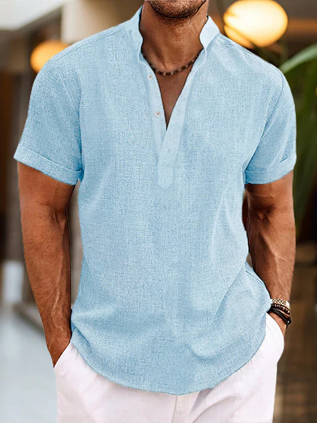 Heren Henley Overhemd Korte Mouwen - Klassiek Comfort - Blauw