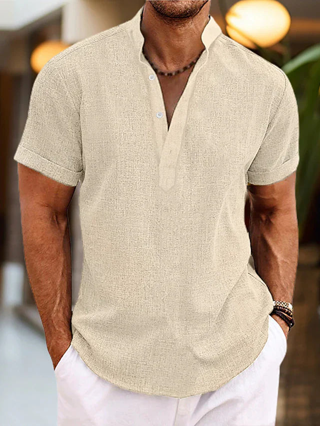 Heren Henley Overhemd Korte Mouwen - Klassiek Comfort - Khaki
