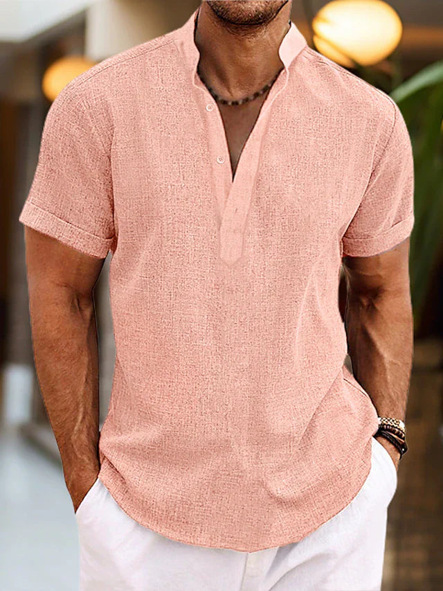 Heren Henley Overhemd Korte Mouwen - Klassiek Comfort - Roze