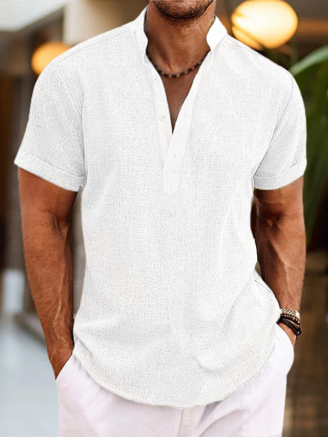 Heren Henley Overhemd Korte Mouwen - Klassiek Comfort - Wit