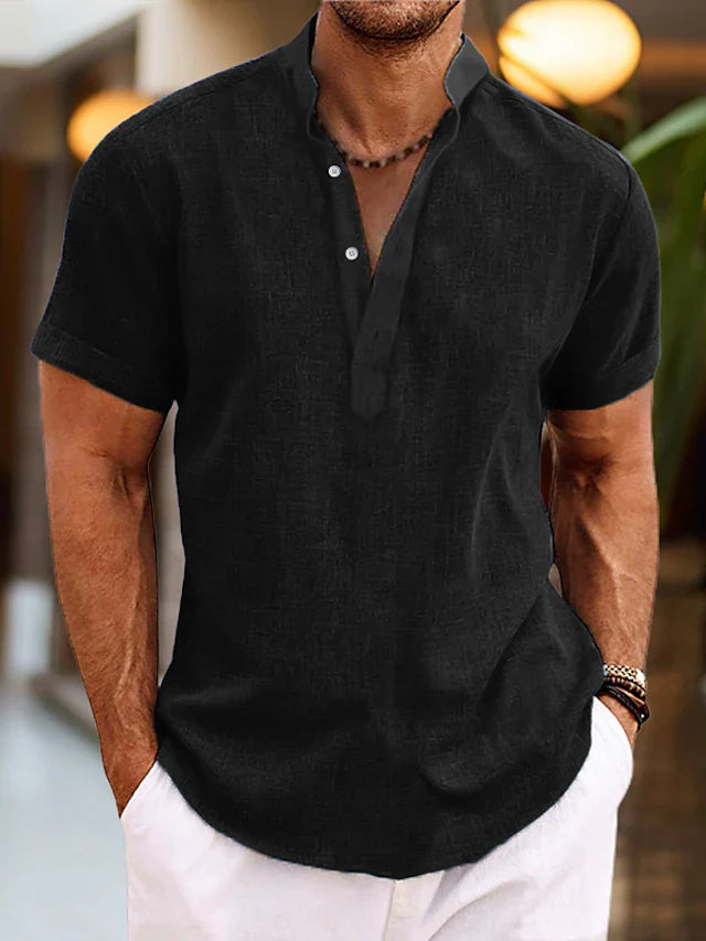 Heren Henley Overhemd Korte Mouwen - Klassiek Comfort - Zwart