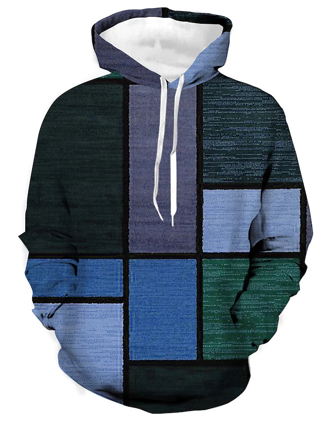 Heren Hoodie 3D Ruitprint - Streetstyle Casual - Blauw