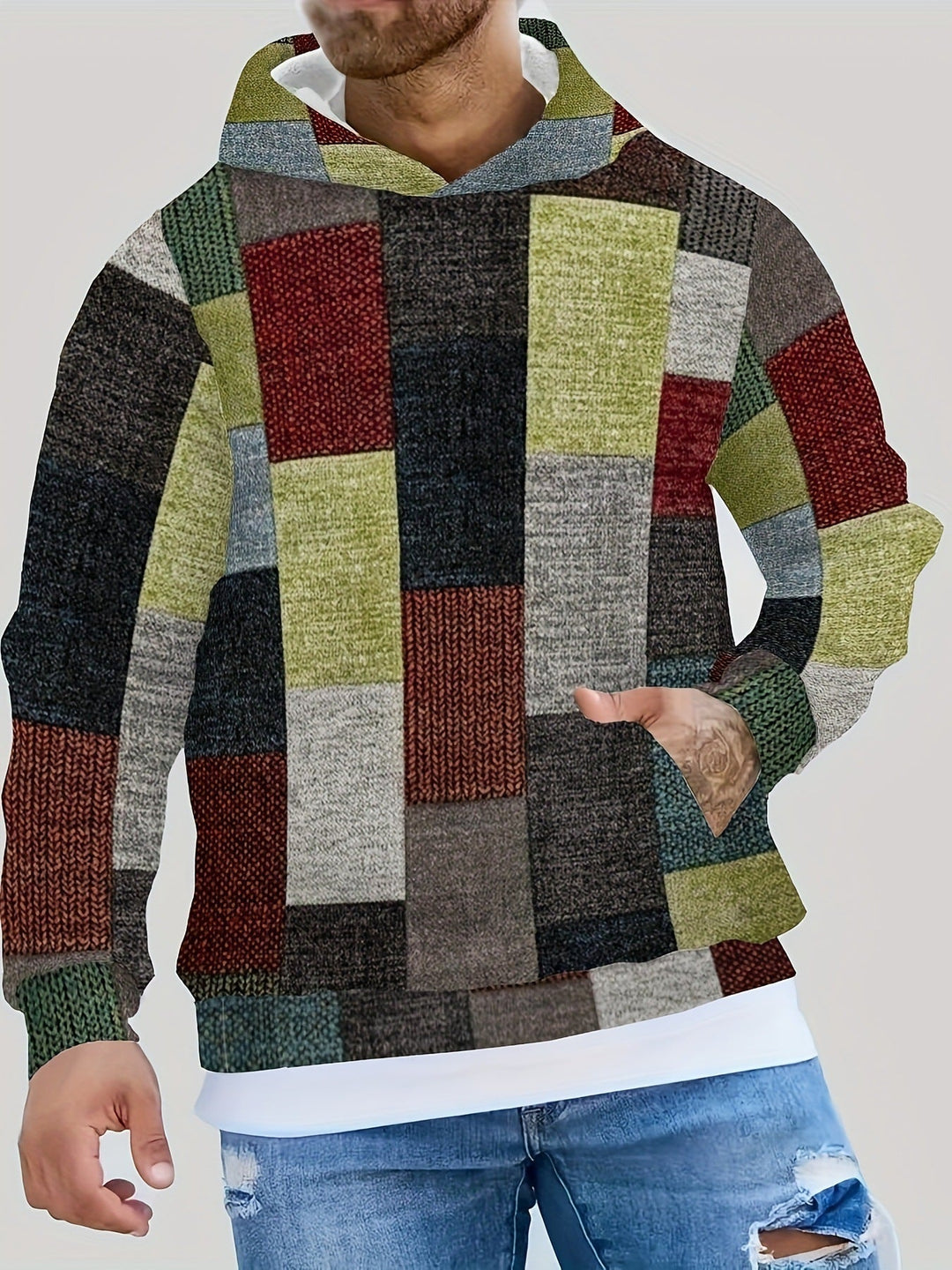 Heren Hoodie 3D Ruitprint - Streetstyle Casual - Groen