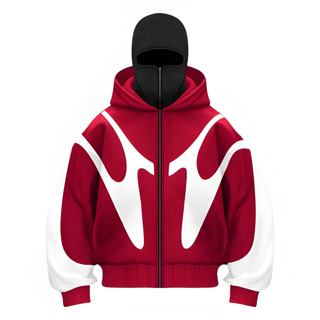 Heren Hoodie met Volledige Rits - Modern Grafisch Design - Rood-Wit