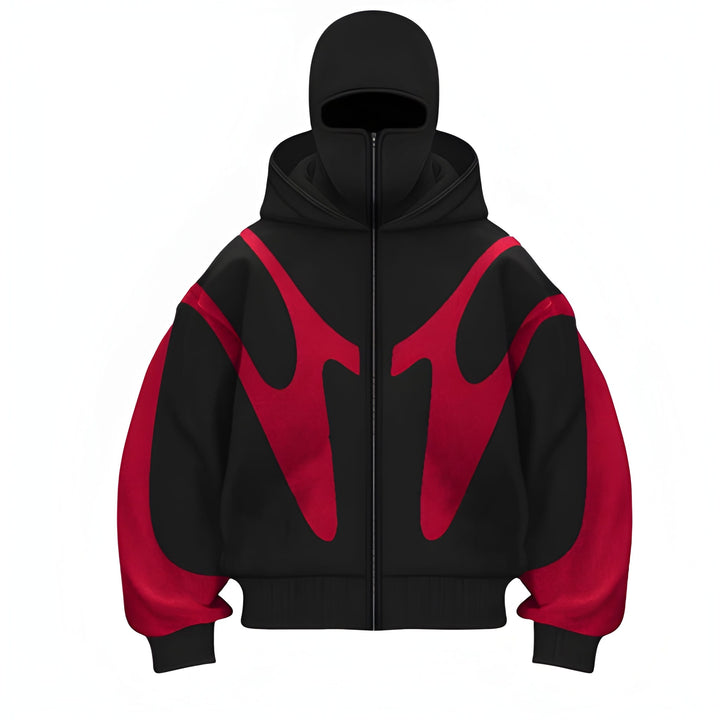 Heren Hoodie met Volledige Rits - Modern Grafisch Design - Rood-Zwart