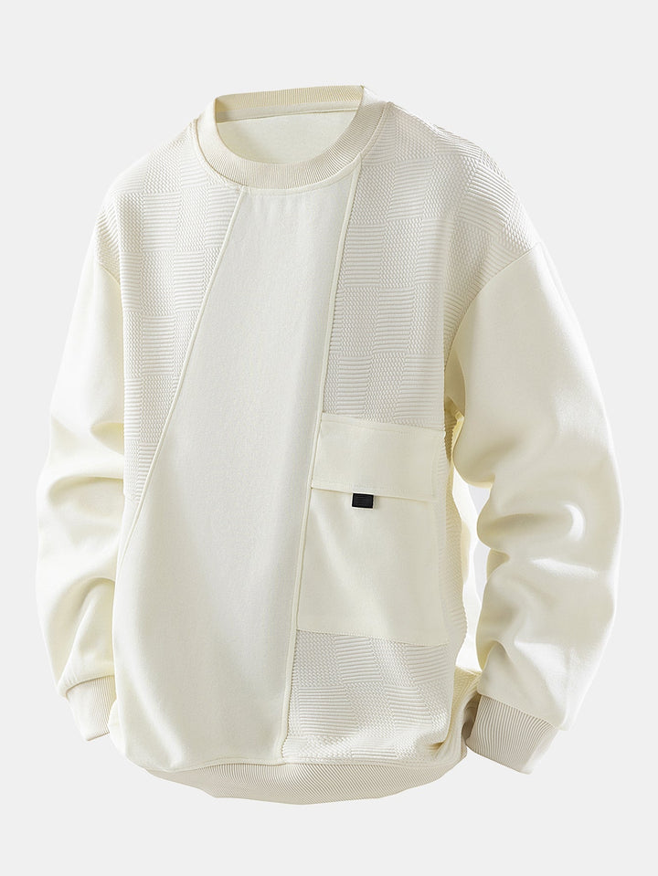Heren Jacquard Sweatshirt met Borstpocket in crème, Relaxed Fit Crew Neck