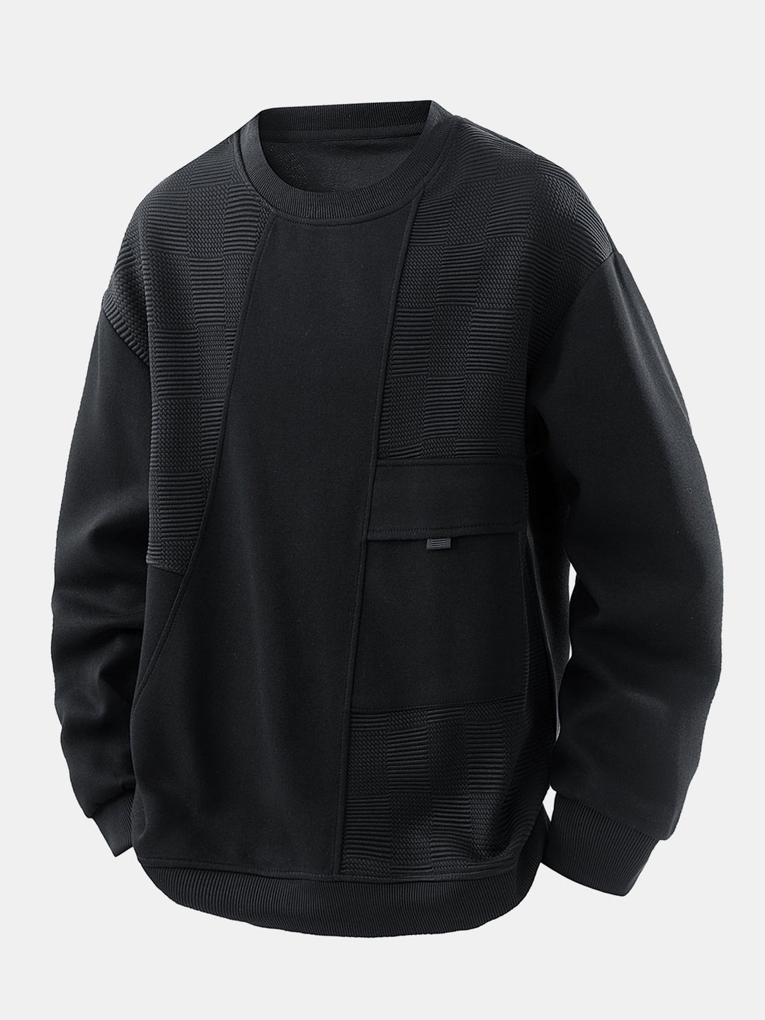 Heren Jacquard Sweatshirt met Borstpocket in zwart, Relaxed Fit Crew Neck