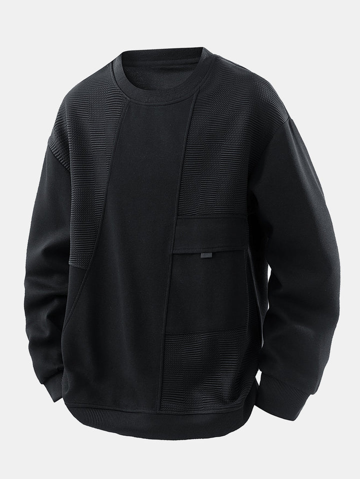 Heren Jacquard Sweatshirt met Borstpocket in zwart, Relaxed Fit Crew Neck