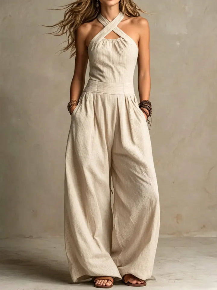 Heren Jumpsuit Linnen Katoen - Elegante Kruishalslijn - Beige