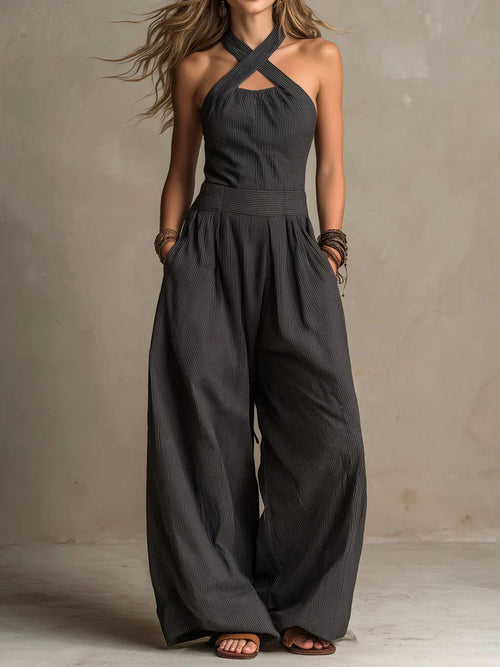 Heren Jumpsuit Linnen Katoen - Elegante Kruishalslijn - Zwart