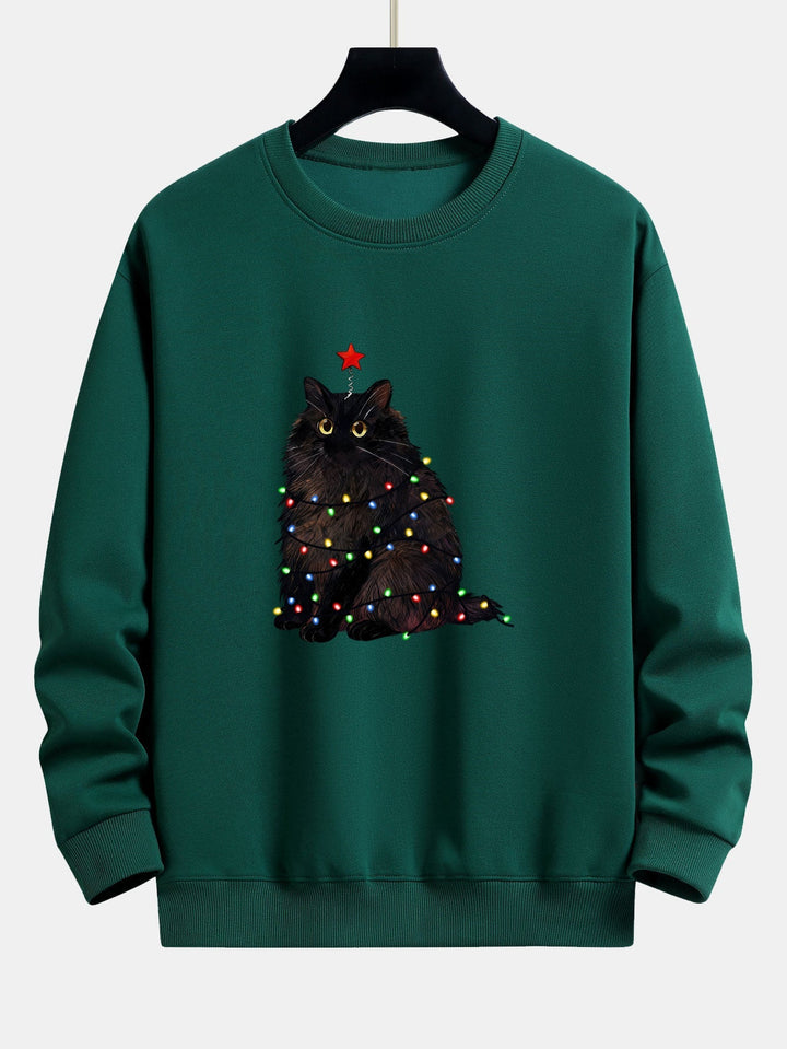 Heren Kerstkat Print Sweatshirt in donkergroen, Gezellige Feestelijke Trui