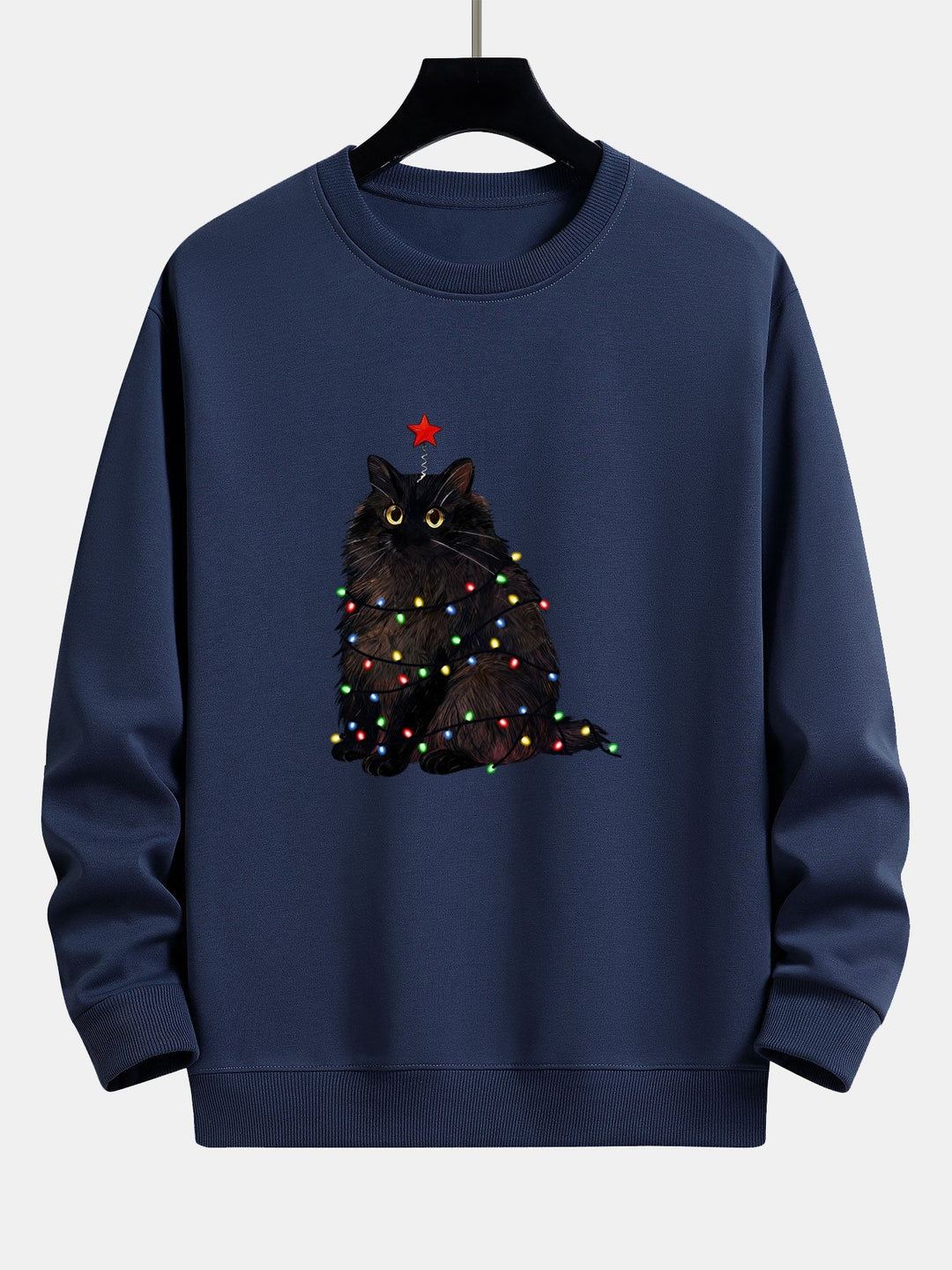 Heren Kerstkat Print Sweatshirt in marineblauw, Gezellige Feestelijke Trui