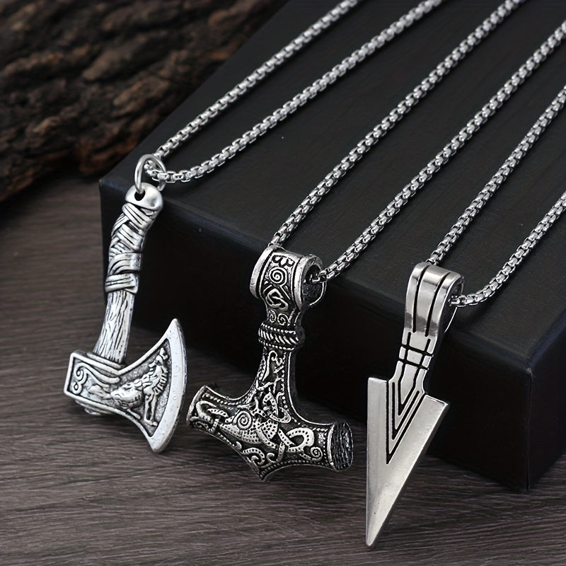 Heren Kettingenset Viking Symbolen - Zilvergrijs 3-Delig - Zilvergrijs