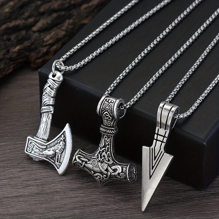Heren Kettingenset Viking Symbolen - Zilvergrijs 3-Delig - Zilvergrijs