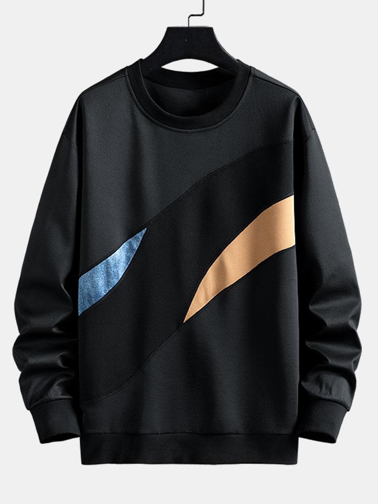 Heren Kleurvlak Crew Neck Sweatshirt in zwart, Relaxed Fit Streetwear
