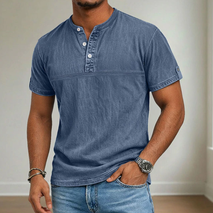 Heren Korte Mouw Overhemd met Staande Kraag - Zomerstijl - Donkerblauw