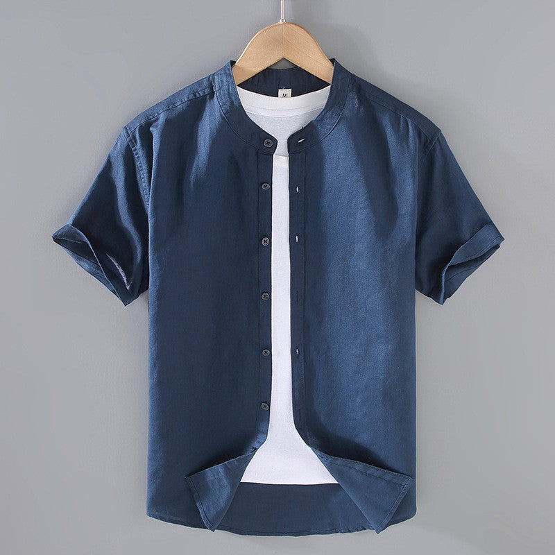 Heren linnen overhemd korte mouwen - Staande kraag - Marineblauw
