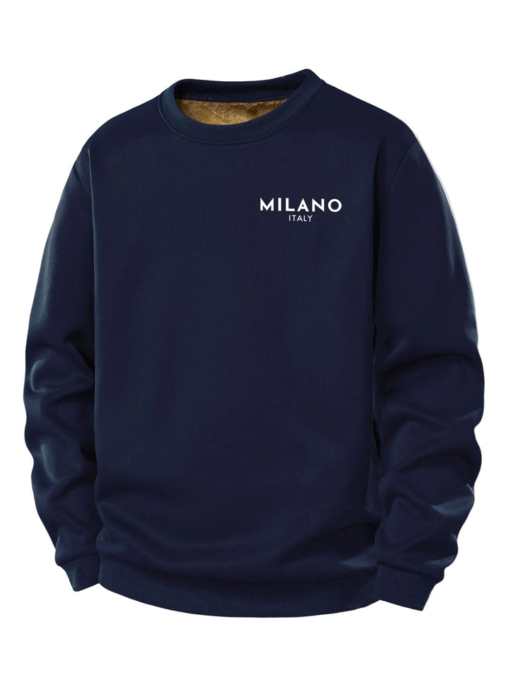 Heren Milano Print Teddy Fleece Sweatshirt in marineblauw, Casual Crew Neck
