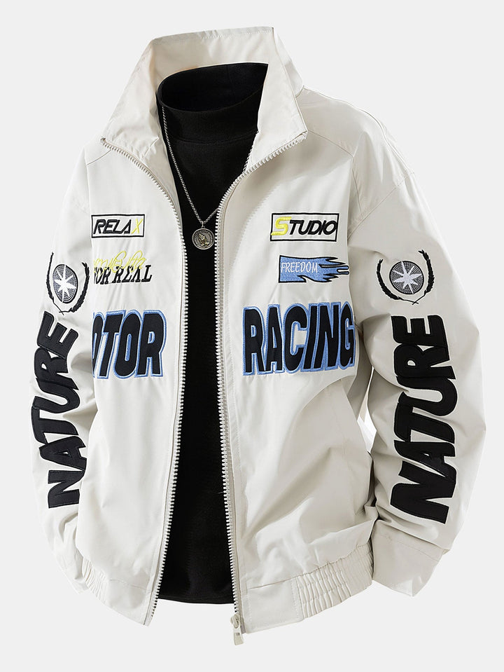 Heren Motorsport Bomber Jacket met Geborduurd Patches in beige, Relaxed Fit