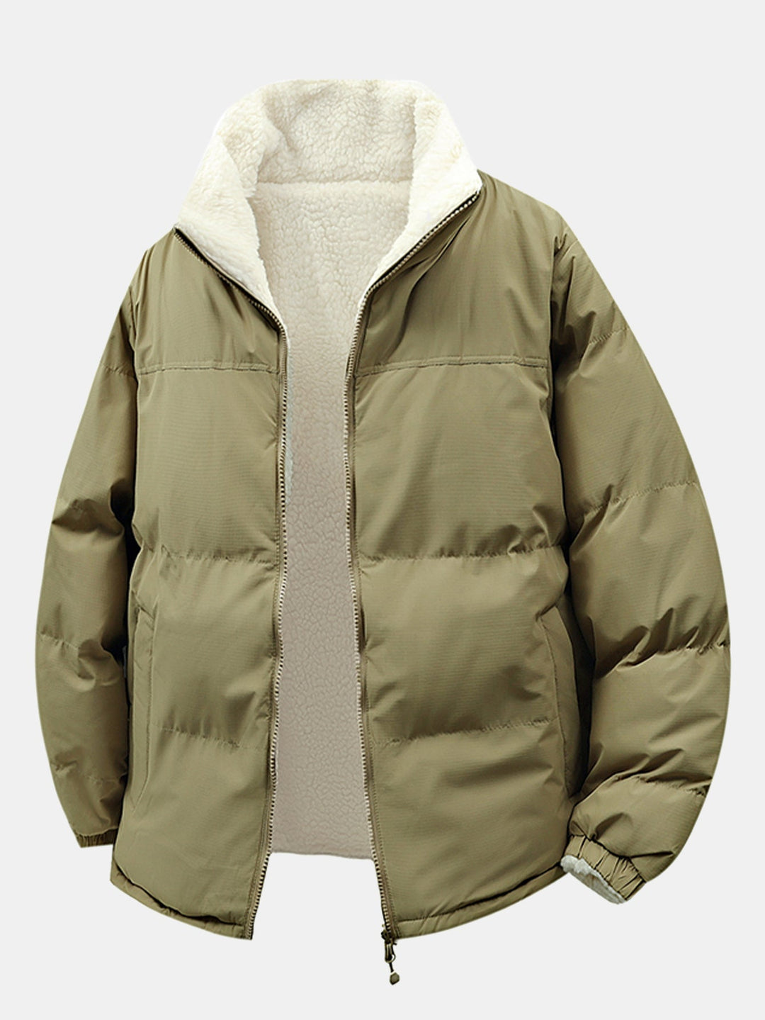 Heren Omkeerbare Teddy Fleece Pufferjack in olijfgroen, Relaxed Fit