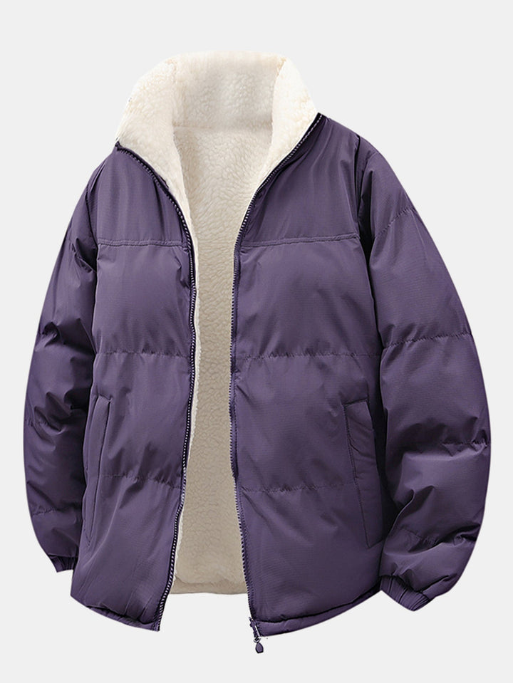 Heren Omkeerbare Teddy Fleece Pufferjack in paars, Relaxed Fit