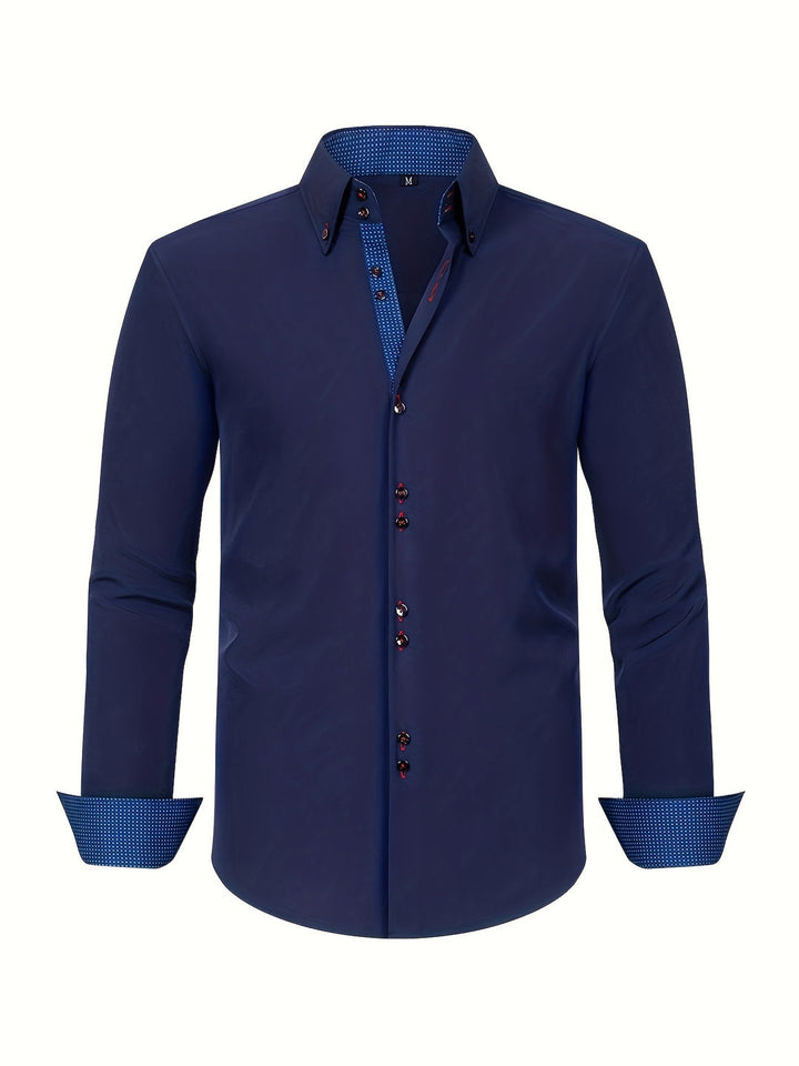 Heren Overhemd Dubbelrijig Stretch - Lichtblauw - Marineblauw