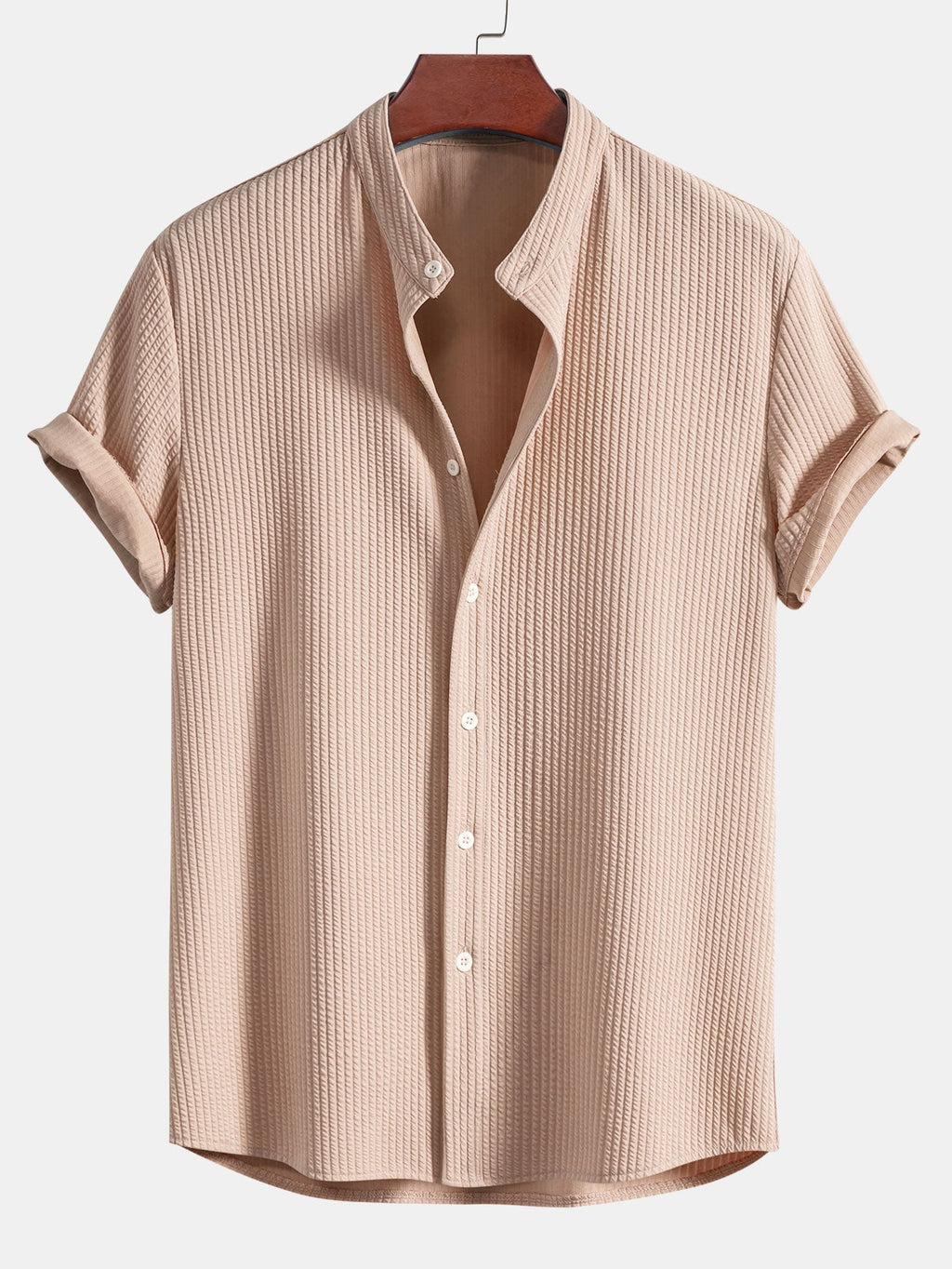 Heren Overhemd Korte Mouwen Geribd - Mandarijnkraag - Beige