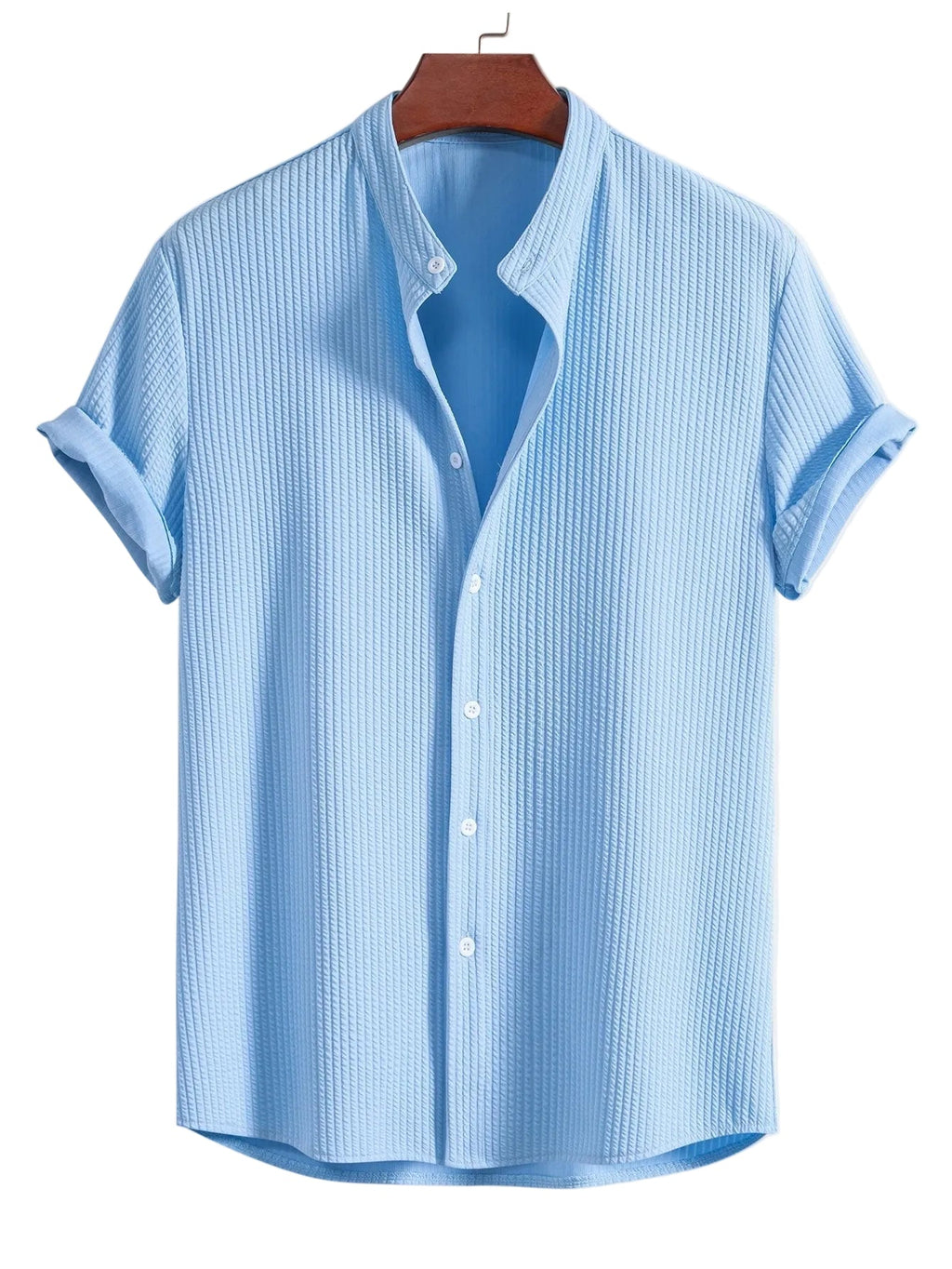 Heren Overhemd Korte Mouwen Geribd - Mandarijnkraag - Blauw