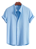 Heren Overhemd Korte Mouwen Geribd - Mandarijnkraag - Blauw
