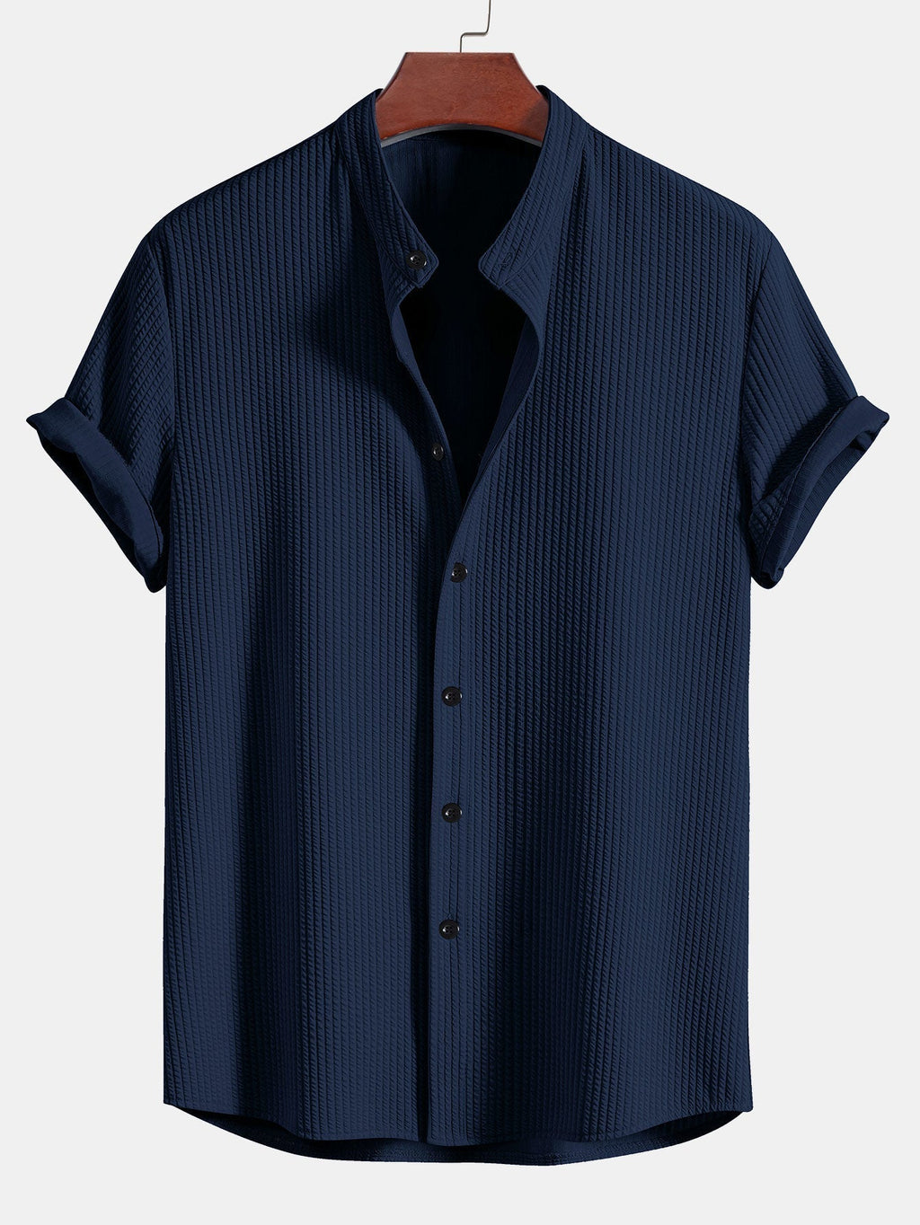 Heren Overhemd Korte Mouwen Geribd - Mandarijnkraag - Marineblauw