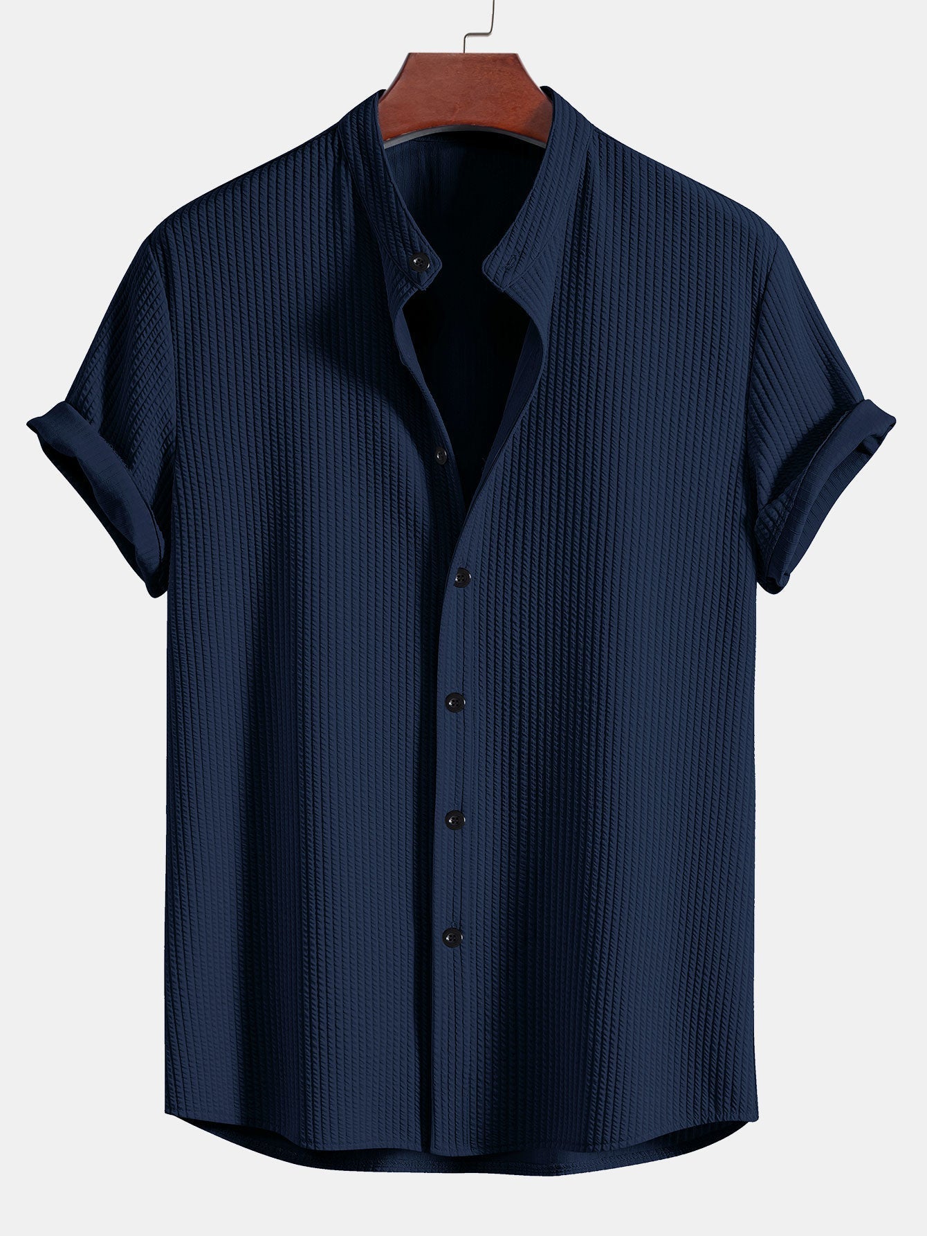 Heren Overhemd Korte Mouwen Geribd - Mandarijnkraag - Marineblauw