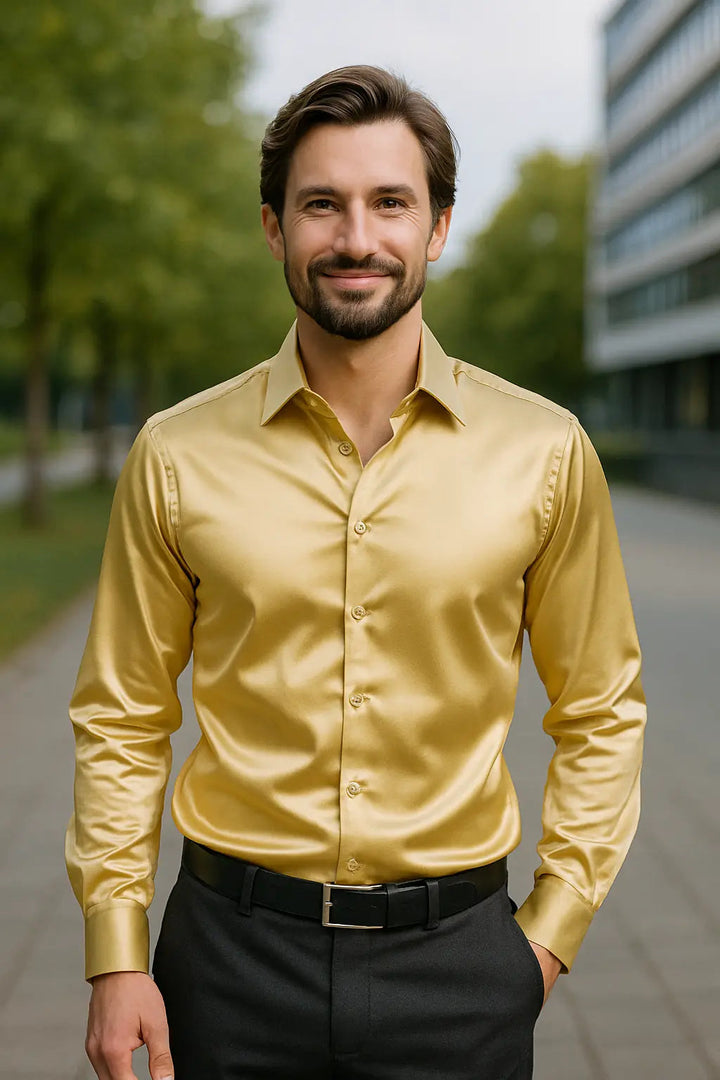 Heren Overhemd Slim Fit Lange Mouwen - Feest & Smoking - Goud