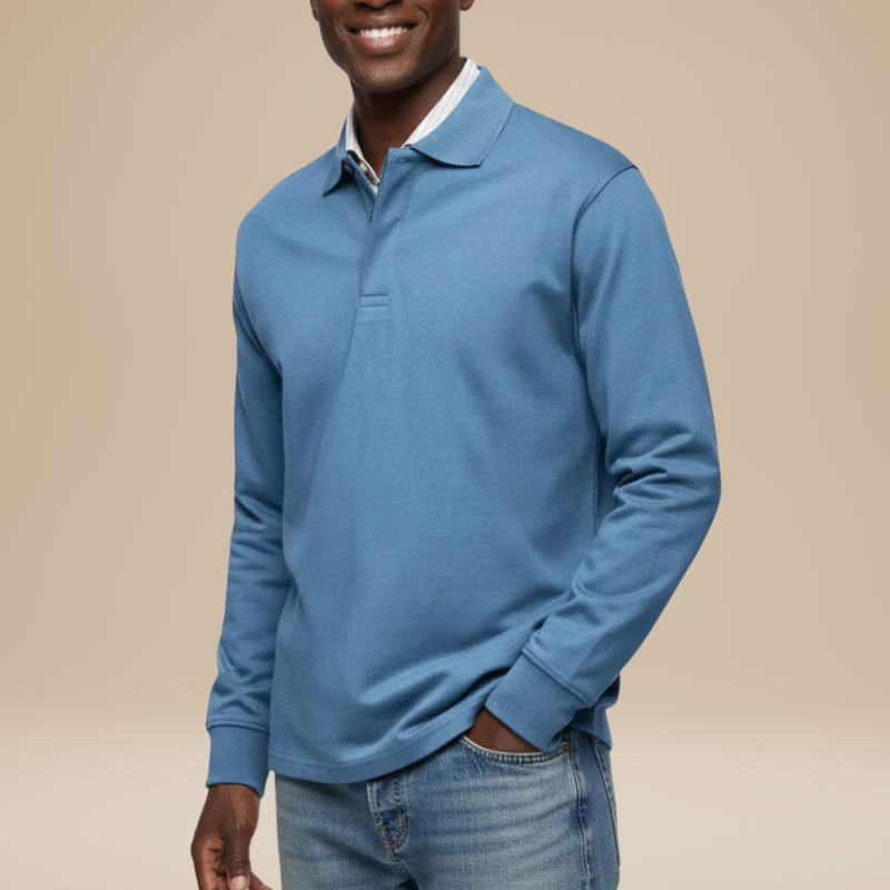 Heren Polo Lange Mouwen - Klassiek Comfort - Blauw