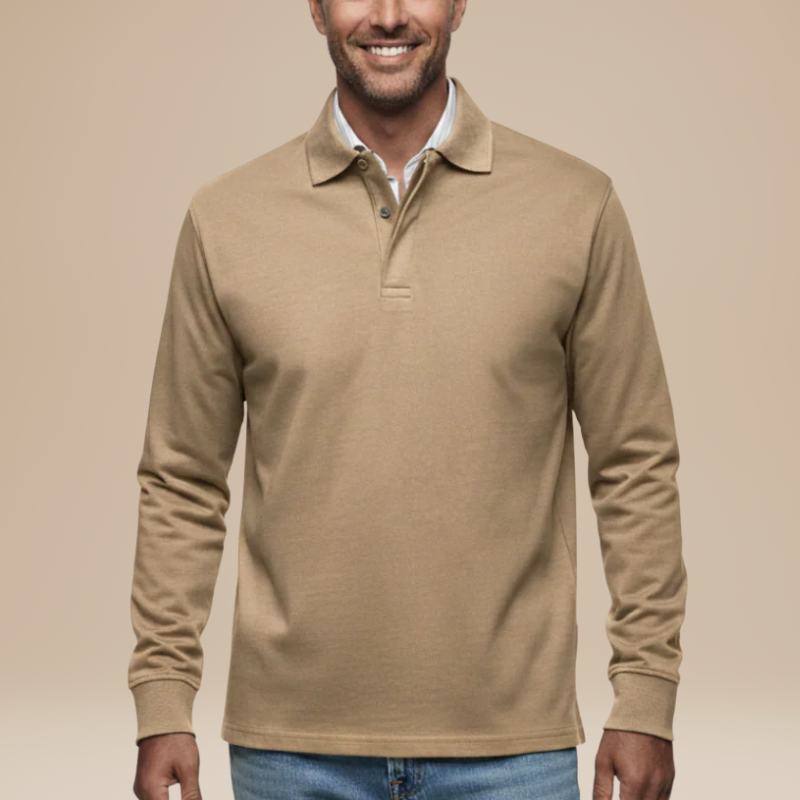 Heren Polo Lange Mouwen - Klassiek Comfort - Khaki