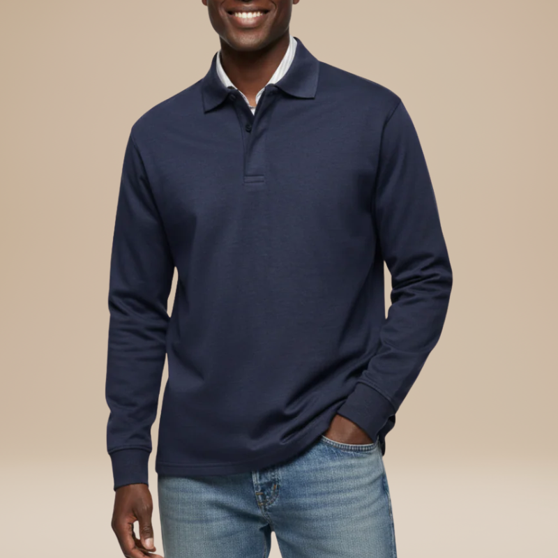 Heren Polo Lange Mouwen - Klassiek Comfort - Marineblauw