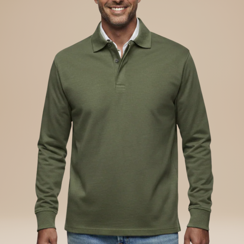 Heren Polo Lange Mouwen - Klassiek Comfort - Olijfgroen