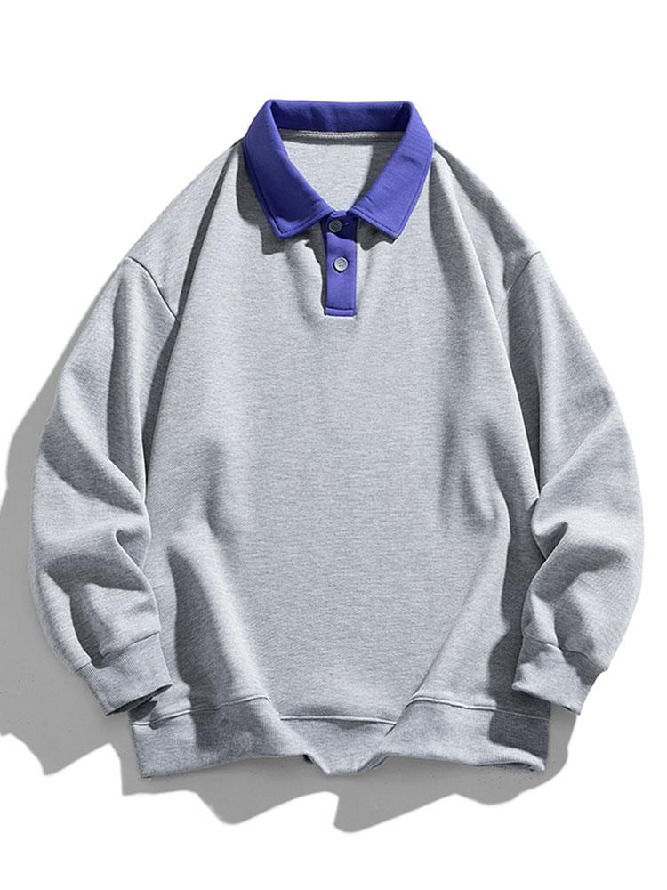 Heren Polokraag Sweatshirt met Knopen in grijs, Relaxed Fit