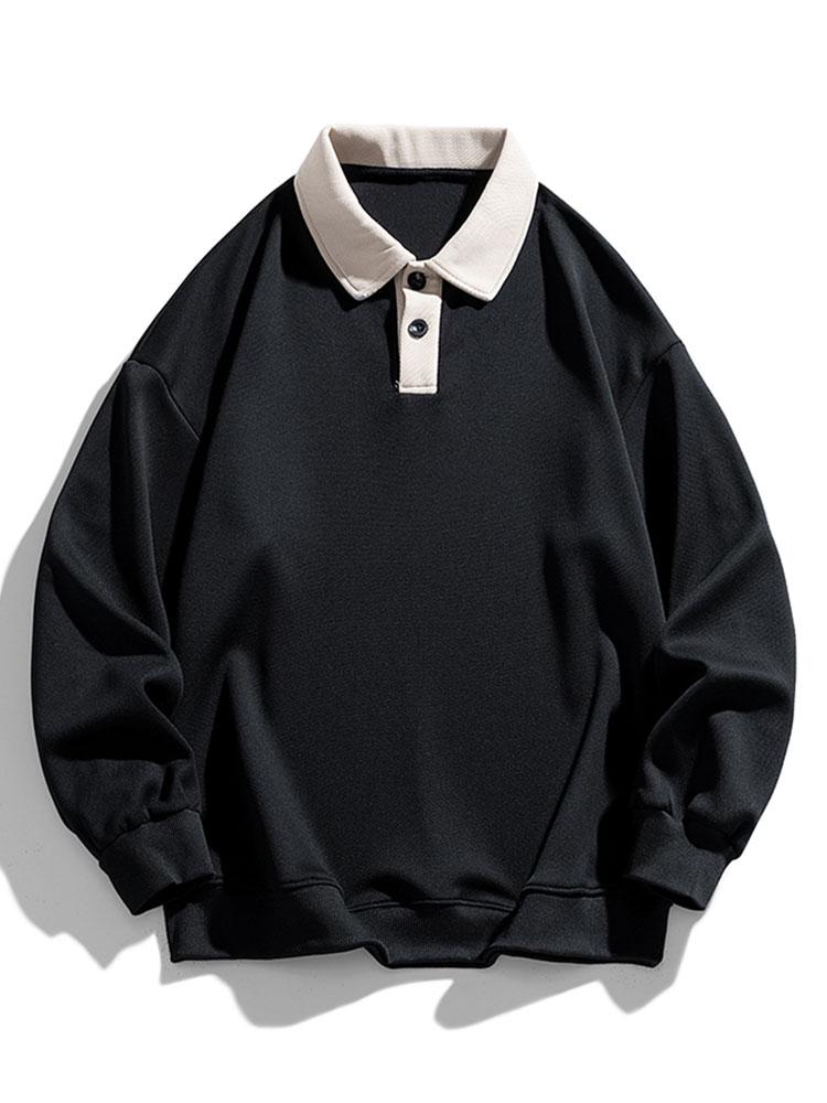 Heren Polokraag Sweatshirt met Knopen in zwart, Relaxed Fit