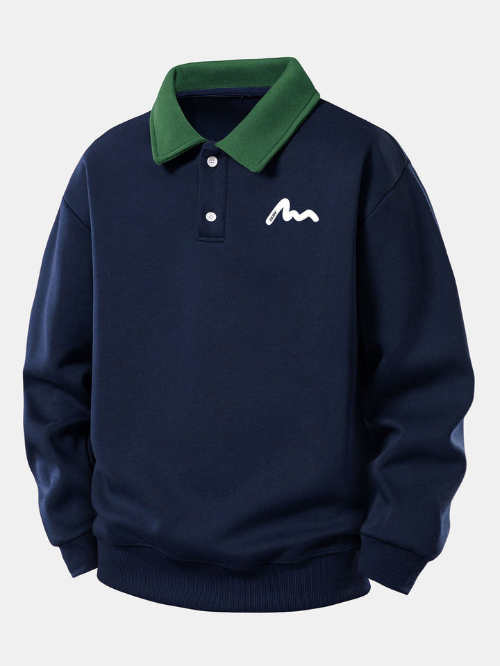 Heren Polokraag Sweatshirt Relaxed Fit in marineblauw, Katoenmix Lange Mouwen
