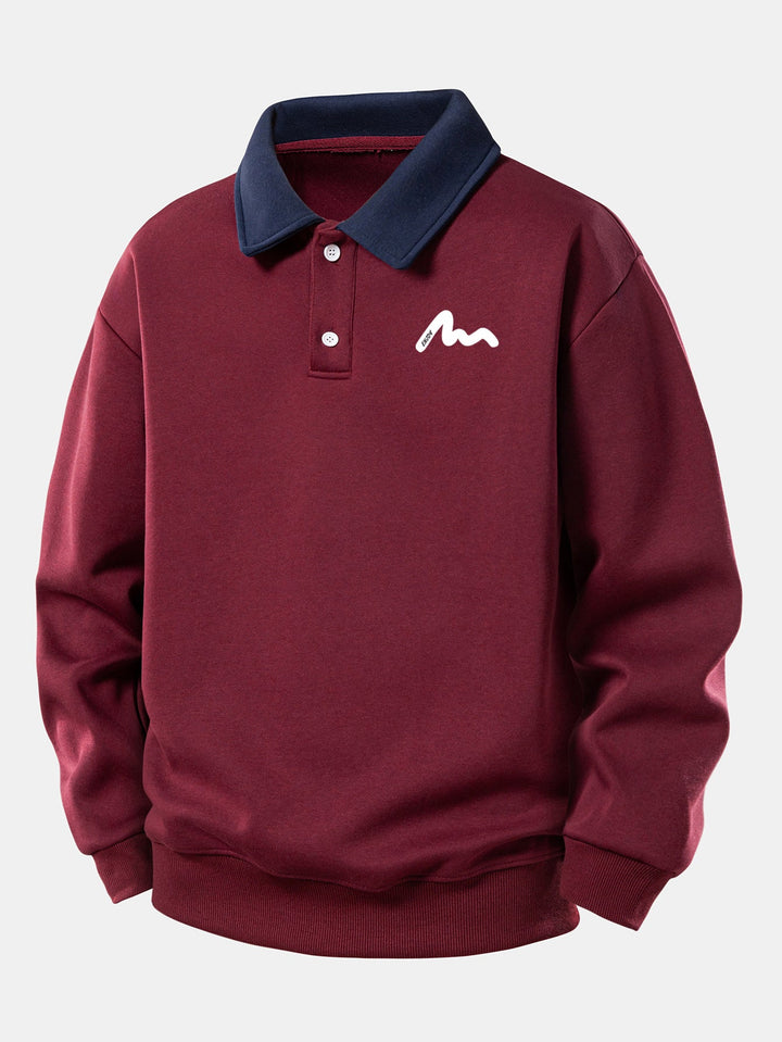 Heren Polokraag Sweatshirt Relaxed Fit in wijnrood, Katoenmix Lange Mouwen