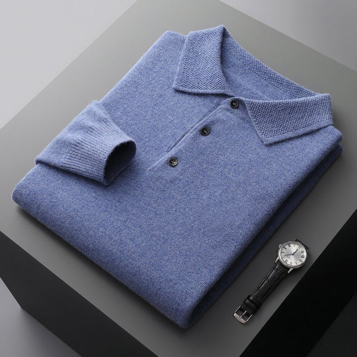 Heren Poloshirt Lange Mouwen - Klassieke Stijl - Blauw