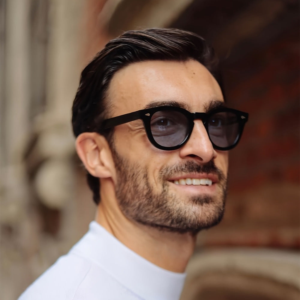 Heren Retro Zonnebril - Zwart Rond Frame met AC Lenzen - Zwart-Blauw
