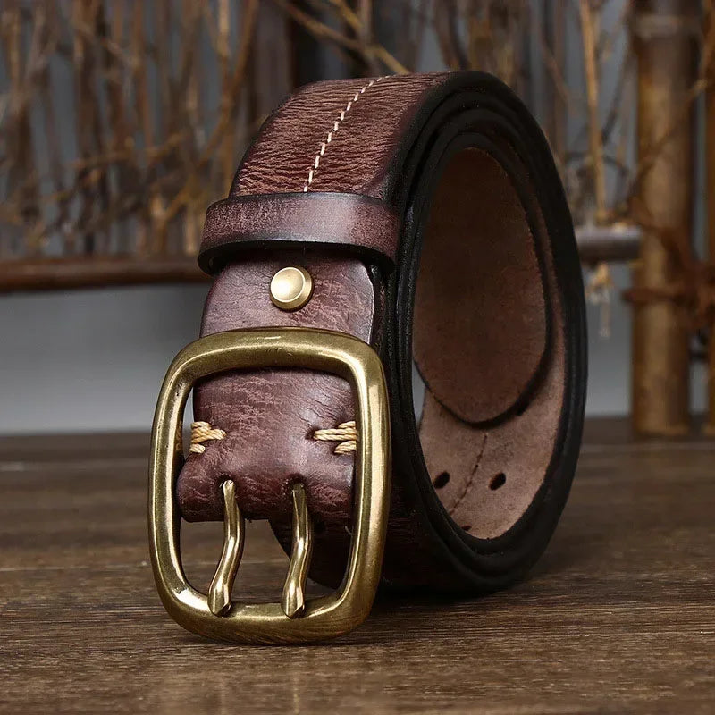 Heren Riem Runderleer Dubbele Gesp - Retro Stevig - Bruin