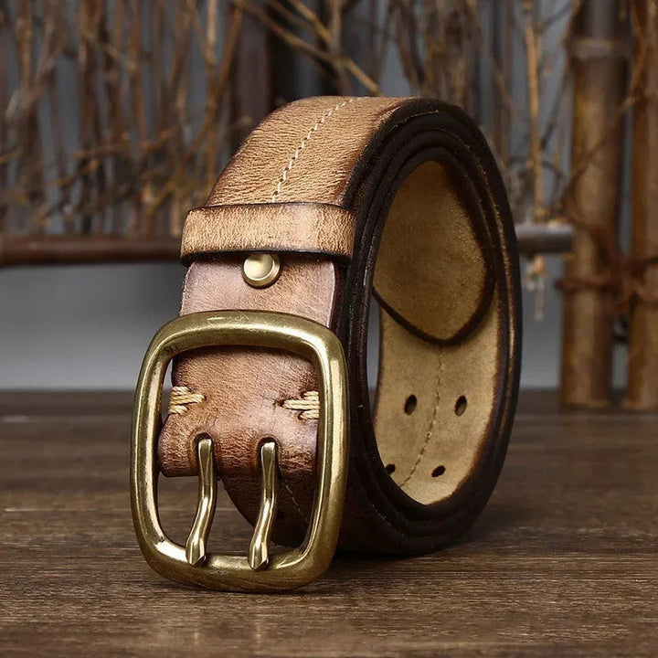 Heren Riem Runderleer Dubbele Gesp - Retro Stevig - Khaki
