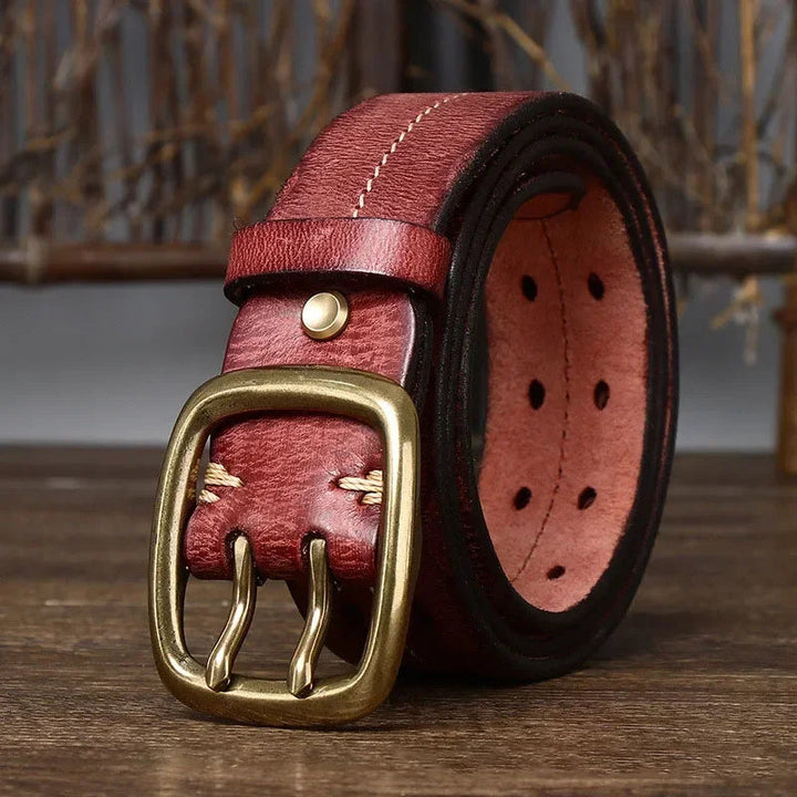 Heren Riem Runderleer Dubbele Gesp - Retro Stevig - Rood