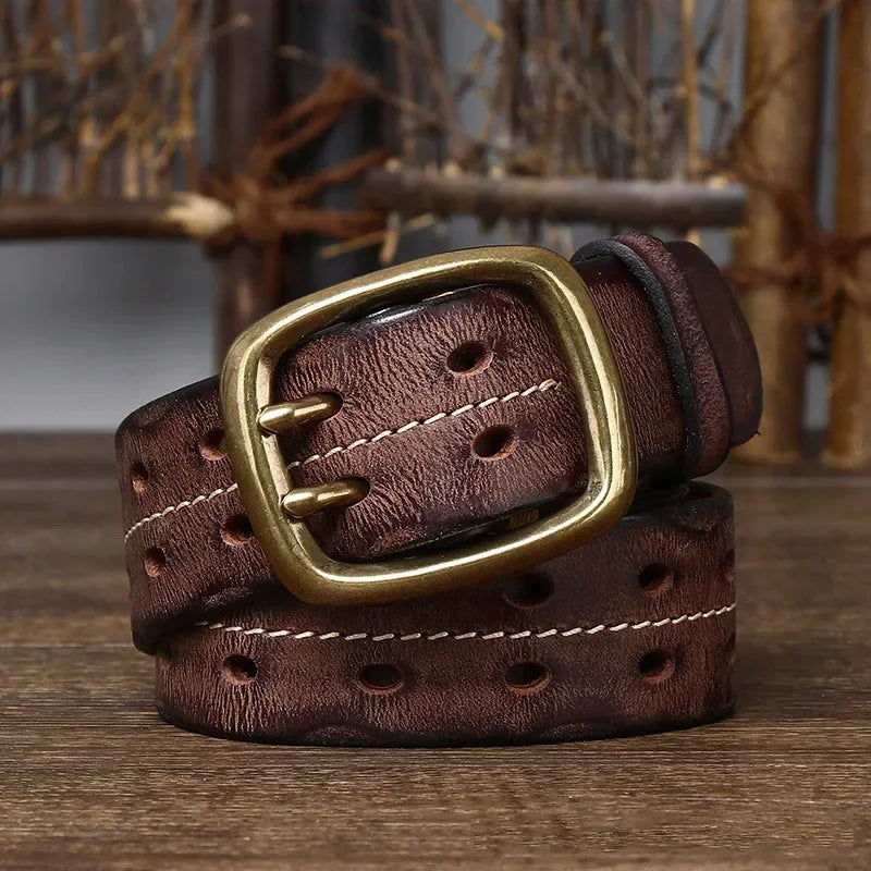 Heren Riem Runderleer Dubbele Gesp - Retro Stevig