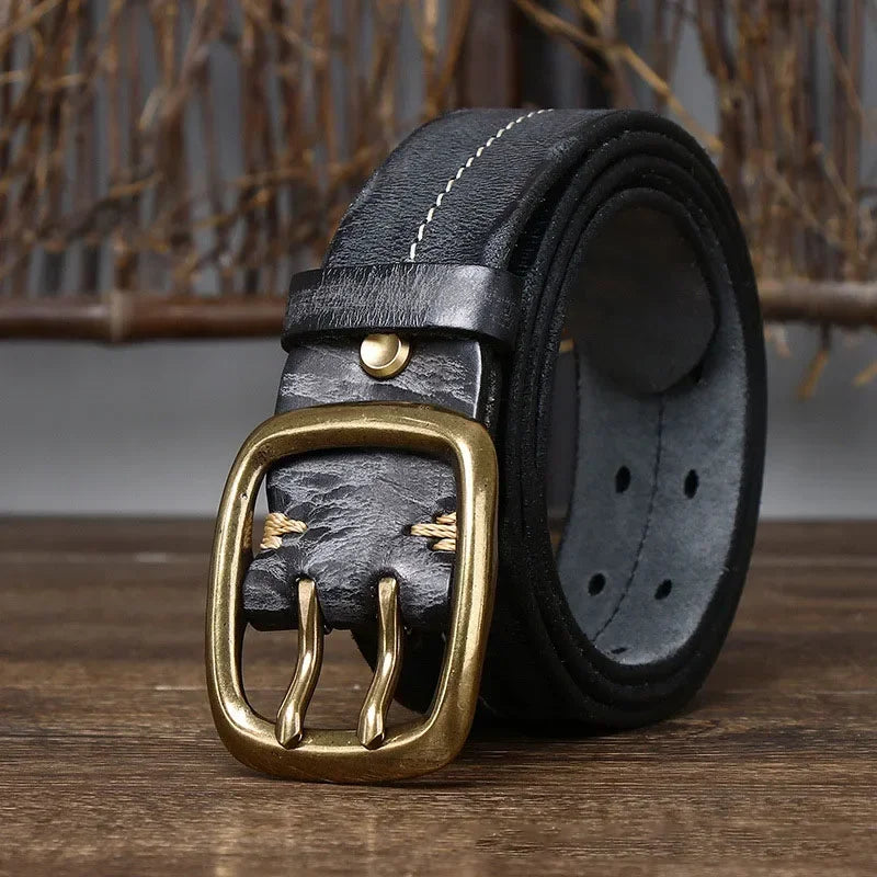 Heren Riem Runderleer Dubbele Gesp - Retro Stevig - Zwart