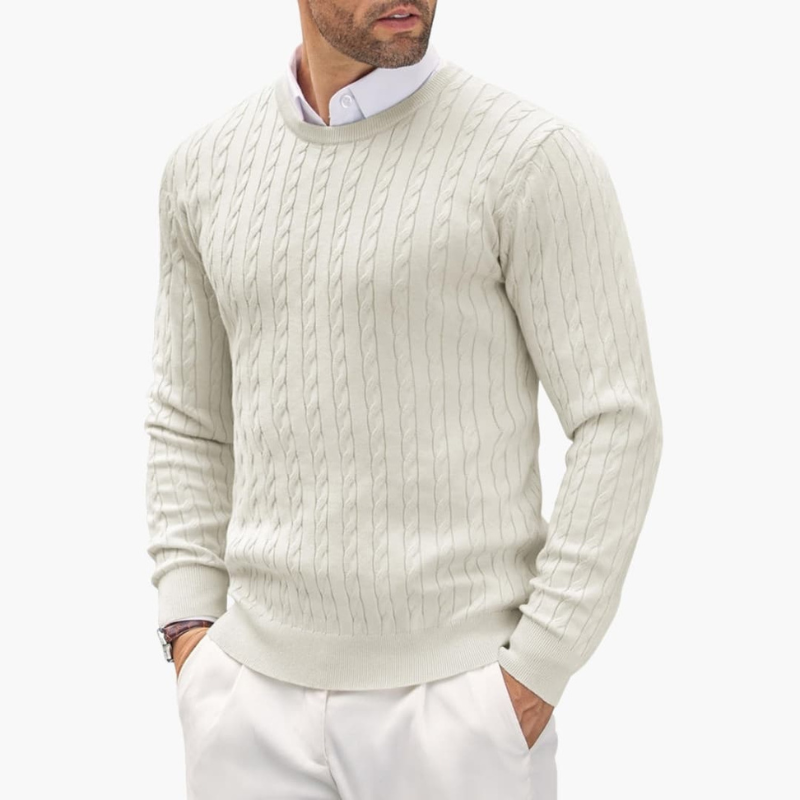 Heren Ronde Hals Trui - Klassieke Kabelpatroon - Wit