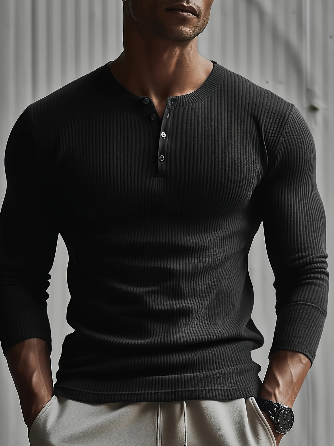 Heren Shirt Slim Fit Geribd - Sportief & Casual - Zwart