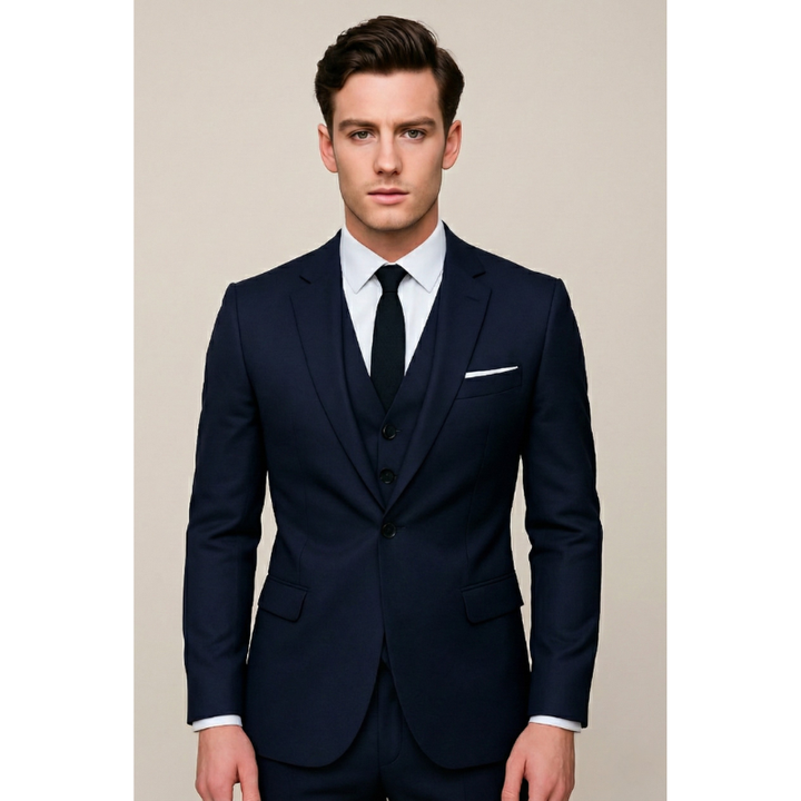 Heren Slim Fit 3-Delige Pak - Blazer, Gilet en Broek - Marineblauw
